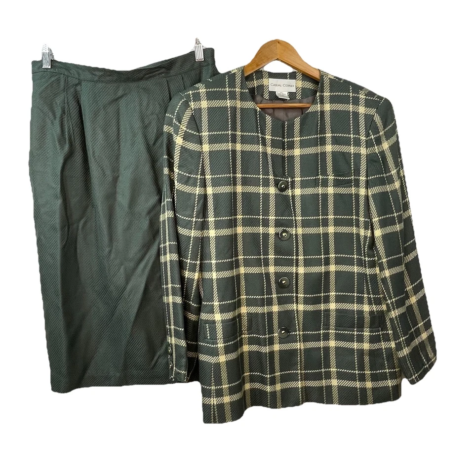Traje Falda Rayón Casual Esquinero Mujer Vintage 2 Piezas Talla 14 Verde Beige A Cuadros Foto 2 de 4
