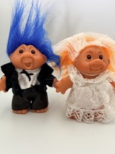 MINT Vintage DAM Troll Dolls Bride Groom Wedding Set 1986 Blue Orange Hair 3"