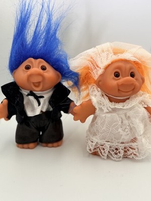 MINT Vintage DAM Troll Dolls Bride & Groom Wedding Set 1986 Blue Orange Hair 3''