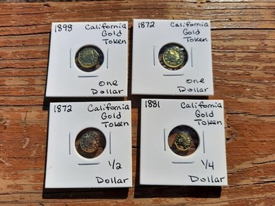 LOT OF 4 CALIFORNIA GOLD TOKENS FRACTIONALS 2 1872, 1881, 1898, FRACTIONAL GOLD