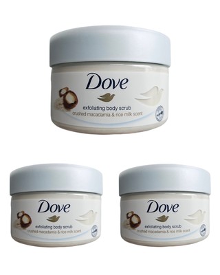 3x Dove Peeling Körperpeeling mit zerkleinerter Macadamia & Reismilch Duft 225ml