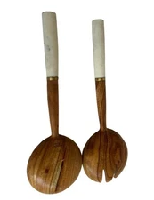 Handcrafted Wooden & Marble Salad Serving Set - Spoon & Fork