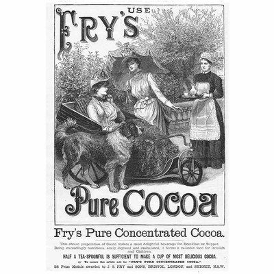 FRY'S PURE COCOA Bernhardiner Hund Motiv - viktorianische Werbung 1888