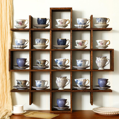 Rustic Wooden Wall Shelf Oversize Teacup Curio Display Rack Floating Mug Holder