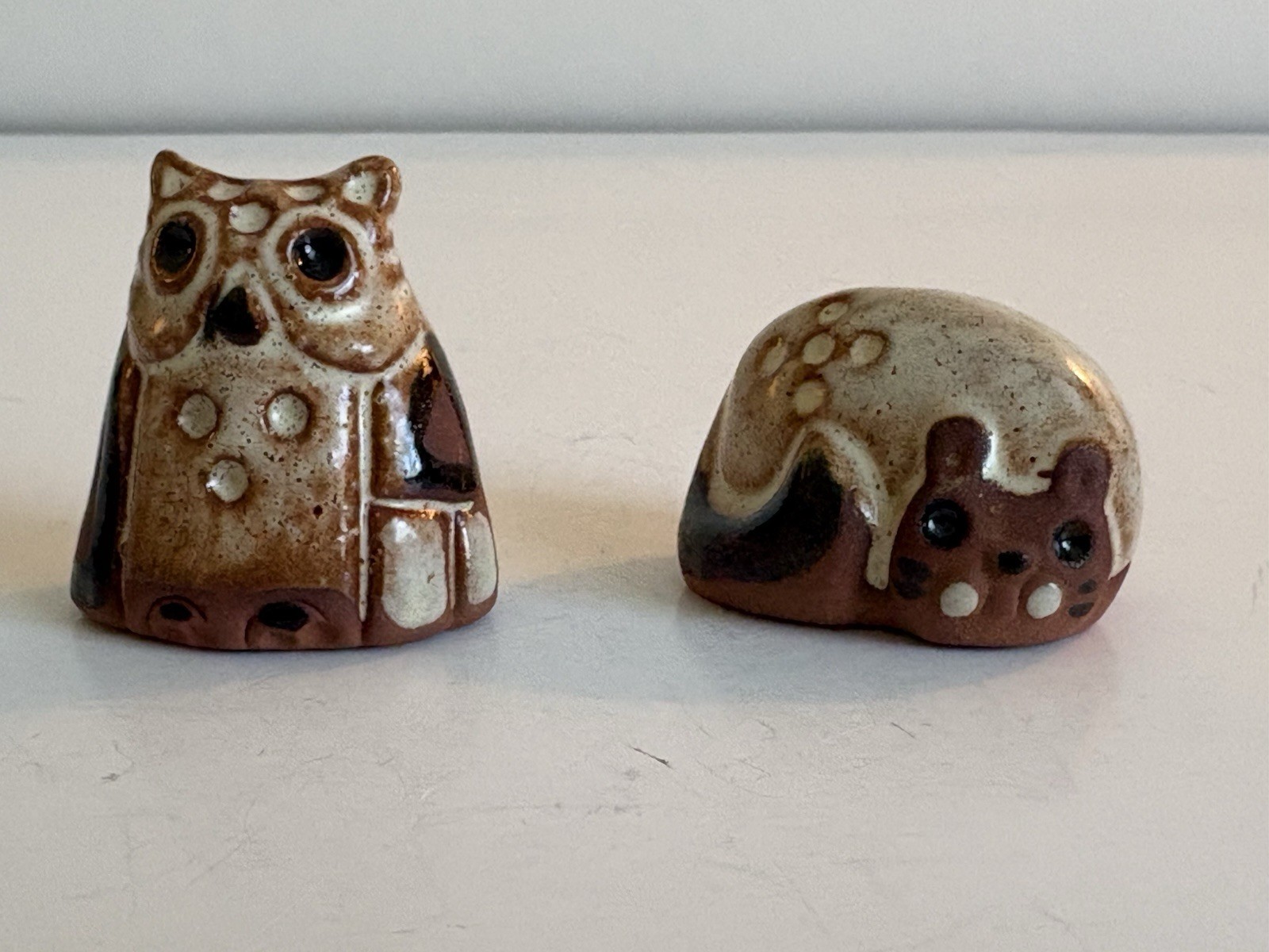 2 Vintage Terra Cotta Glazed Ceramic Pottery OWL & CAT Figurines Signed