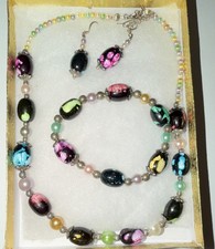 Multicolor Glass Oval Bead Jewelry Set Necklace Bracelet  Earrings