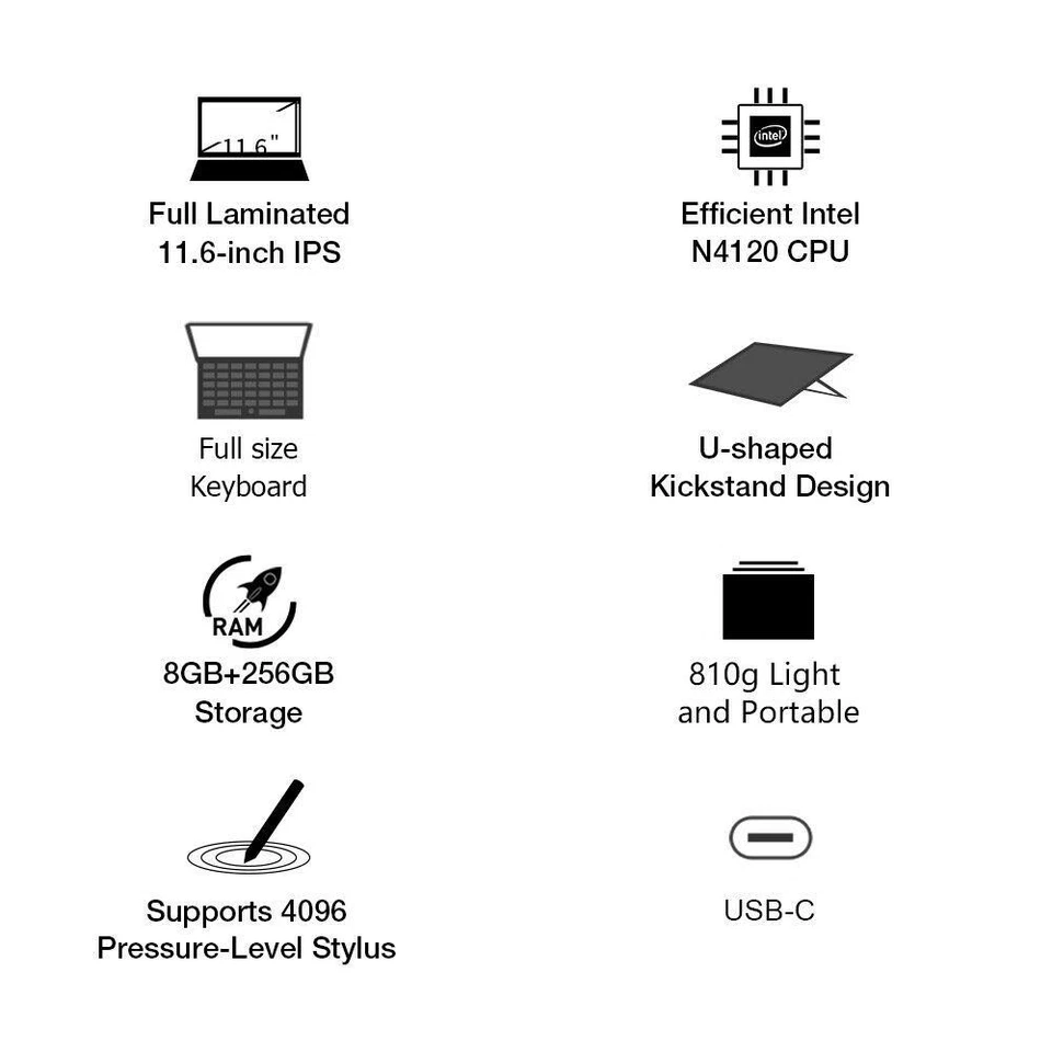 CHUWI UBook Tablet/Laptop Stylus 3 IN 1 Windows Intel N4120 Quad Core 8+256GB PC - Immagine 3 di 4