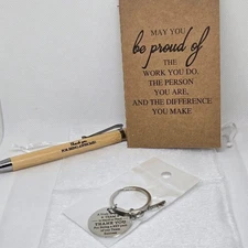 NEW RETIREMENT APPRECIATION TEAM SUCCESS NOTEPAD BAMBOO PEN KEYCHAIN ORGANZA BAG