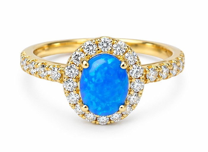 GENUINE OPAL & LAB WHITE SAPPHIRES RING 14K YELLOW GOLD PLATED (.925) - NWT