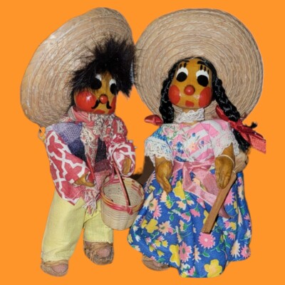 Vintage Mexican Folk Art Paper Mache Gourd Toluca Dolls Boy Girl