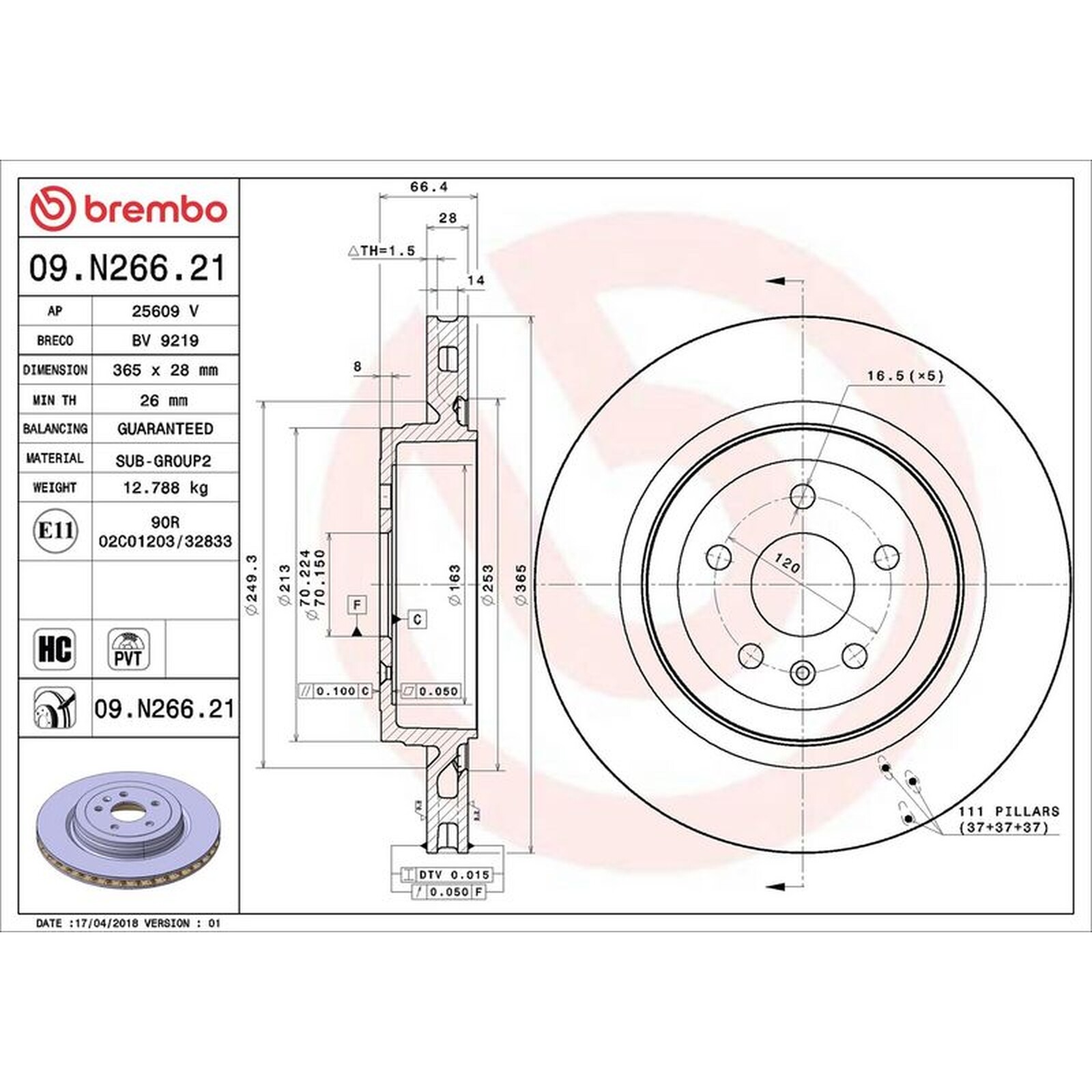 Brembo Prime UV Coated Vented Brake Disc - 09.N266.21 For Tesla - OE Quality