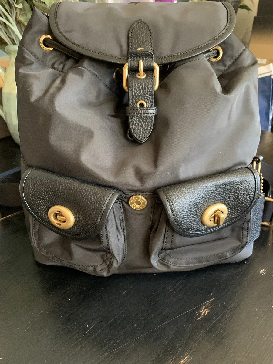 EUC Coach Black Nylon Cargo Backpack Handbag w Vintage Rose Pattern Lining