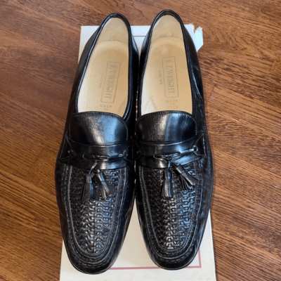 E.T. Wright Woven Vamp black leather slip on loafers with  display picture 2