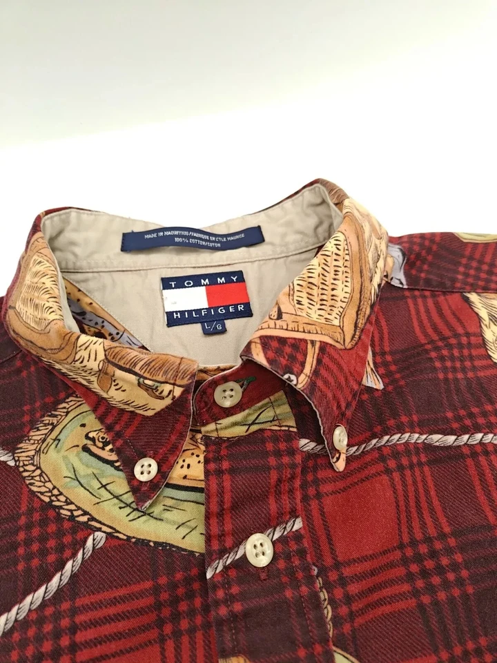 🇺🇲 Vtg Tommy Hilfiger Mens L 16.5x33 Cotton Button Down Shirt Red Plaid - Image 4 of 4