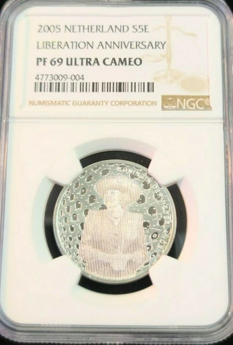 2005 NETHERLANDS SILVER 5 EURO LIBERATION ANNIVERSARY NGC PF 69 ULTRA CAMEO TOP