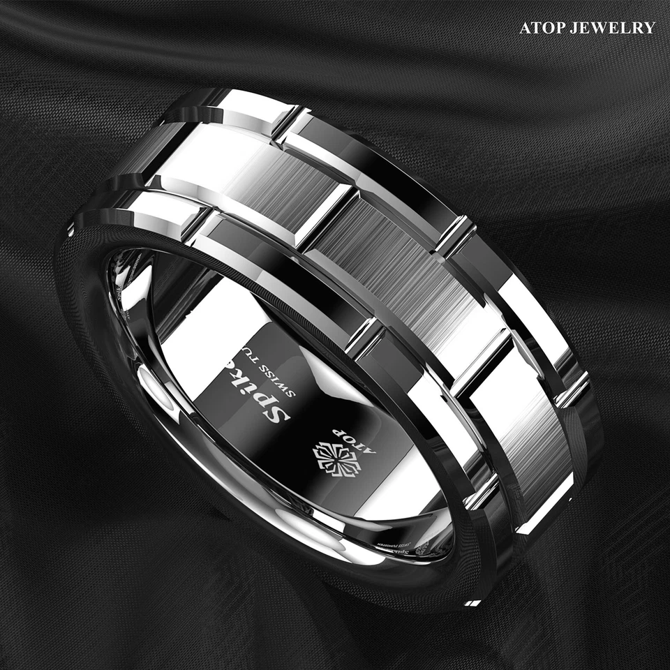 8mm Men's Tungsten Carbide Ring Silver Wedding Band Brick Pattern Size 6-13 ATOP - Image 3 of 4