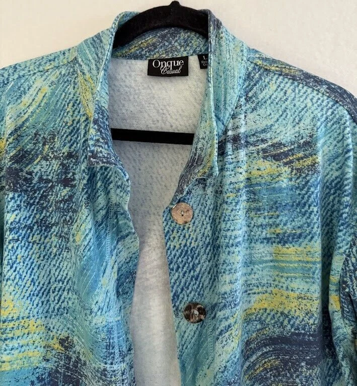 Onque повседневный женщин куртка большой синий многоцветный кнопка 3/4 рукав карманы хлопок - Изображение 4 из 4