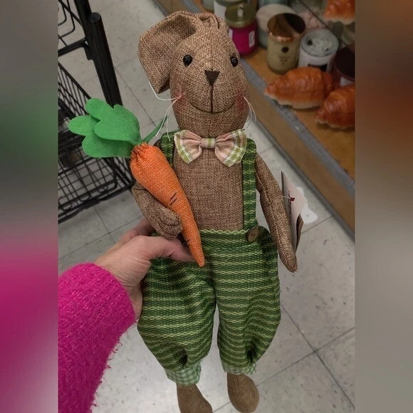 Begonia Market Burlap Fabric Easter Bunny in Green Overalls Holding Carrot - Image 3 of 4
