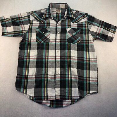 Vtg Ely Cattleman Wester Shirt Mens Large Plaid Short Sleeve Pearl Snap