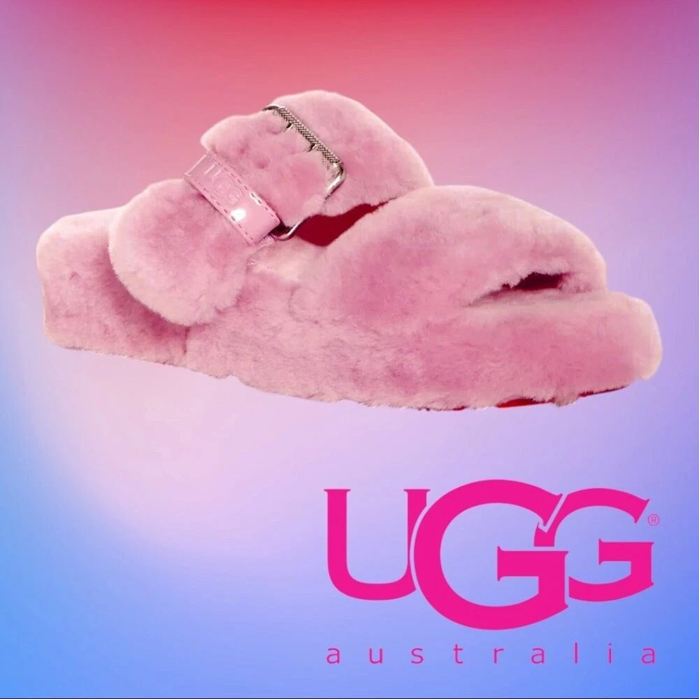 Sandali UGG Fuzz Yeah Shearling cristallo rosa fibbia slide taglia 9 Selena Gomez
