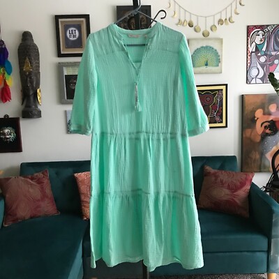SOFT SURROUNDINGS size XS Laguna Crinkle  Aqua Gauze Tiered Midi Tassels Boho