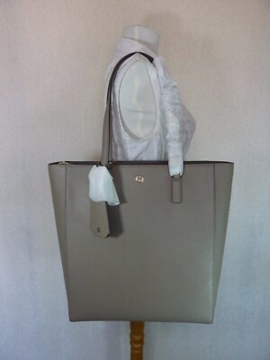 Tory Burch Robinson Tote Gray Heron Saffiano Leather Large Work