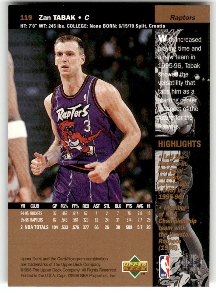 1996-97 Upper Deck #119 Zan Tabak Toronto Raptors Basketball Card - Image 2 of 2
