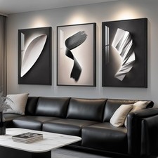 Large Framed Modern Abstract Wall Art 3 Piece Set, Black and White Decorative...