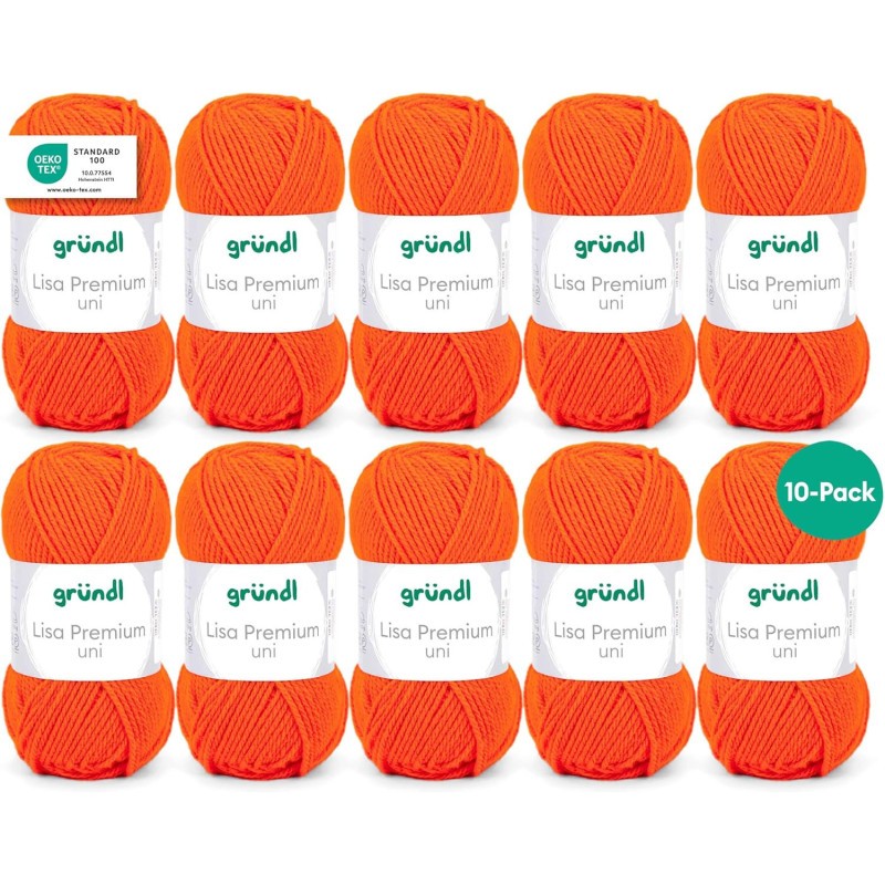 Fil à tricoter acrylique orange Gründl Lisa lot de 10 pelotes aiguille 3.5 4.5