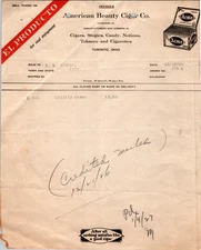 Vintage American Beauty Cigar Co. Invoice, Letterhead, El Producto Toronto Ohio