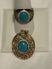 Vintage Sterling Silver 925 Turquoise Oval Blue Stone Ring Size 9 & Pendant Set