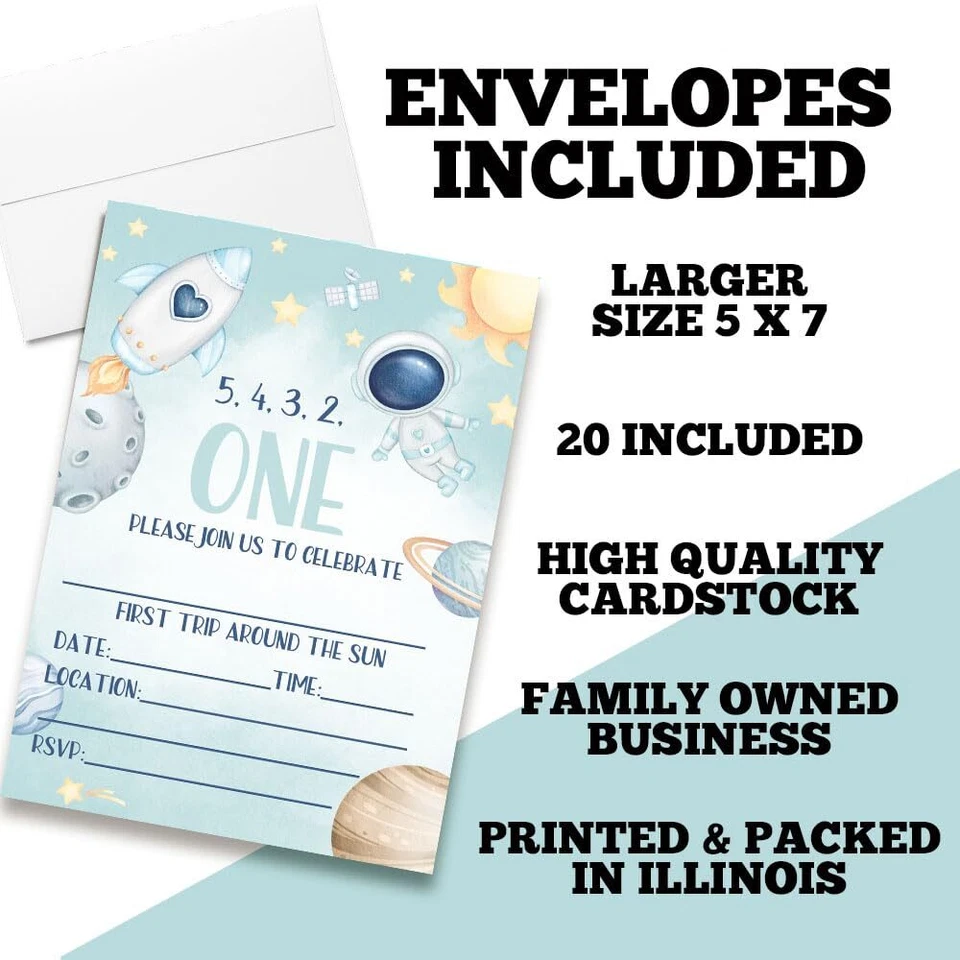 20 Invitaciones de 1er Cumpleaños Espacio Exterior 5x7 Explosión Lunar Niños Doble Cara Foto 2 de 4