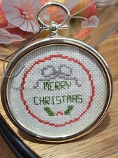 Vintage Needlepoint Holiday Ornament Merry Christmas Cross Stitch