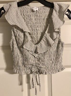 Le Lis Collection Bohemian Smocked Linen Cotton Blend Size S Striped Ruffle Neck