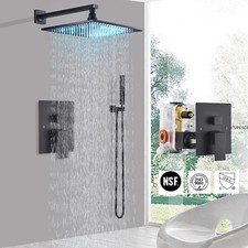 Black 12'' LED Shower Faucet Set System Rain Shower Head Combo Kit Mixer Valve