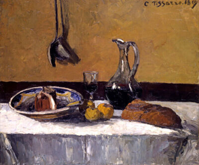 STILL LIFE TABLE FOOD BREAD WINE FRUIT 1867 PAINTING BY CAMILLE PISSARRO REPRO
