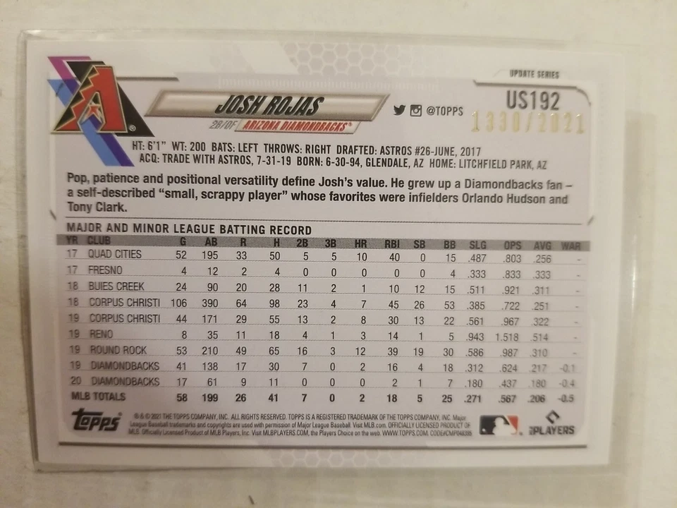2021 Topps Update Gold Josh Rojas #US192 Arizona Diamondbacks 1330/2021 - Image 2 of 2