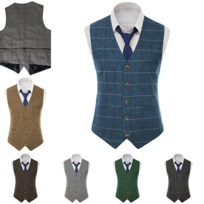 Herren Anzug Tweed Weste Herringbone Plaid Vintage Wolle Hochzeit Bräutigam 3XL+ - Bild 1 von 4