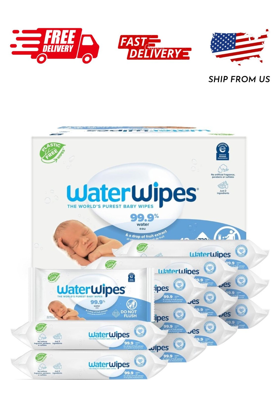 WaterWipes Original 99.9% Water Based Baby Wipes, Unscented, 12 Resealable Packs