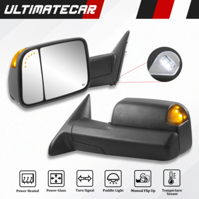 Pair Power Heated Tow Mirrors w/ Puddle Lights For 2009-2018 Ram 1500 2500 3500
