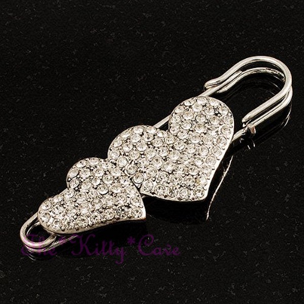 Large Silver Double Twin Hearts Kilt, Safety Pin Brooch w/ Swarovski Crystals