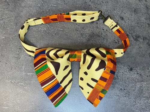 Handmade Men's African Print Kente Bow Tie Handkerchief Pre-tied Beige Brown - Picture 9 of 20