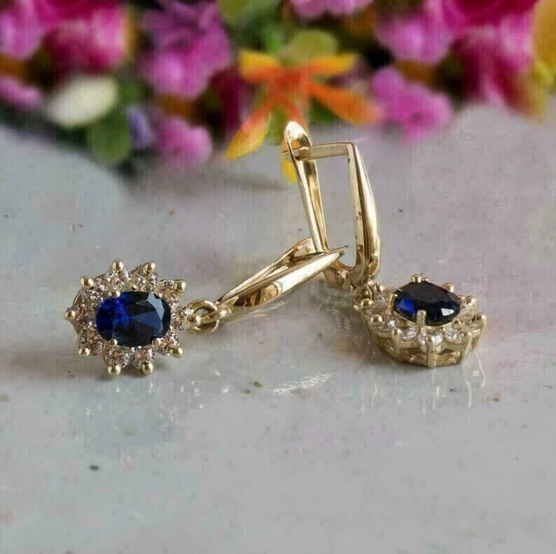 2Ct Oval Simulated Sapphire Halo Drop Dangle Earrings 14k Yellow Gold Plated - Image 2 of 4