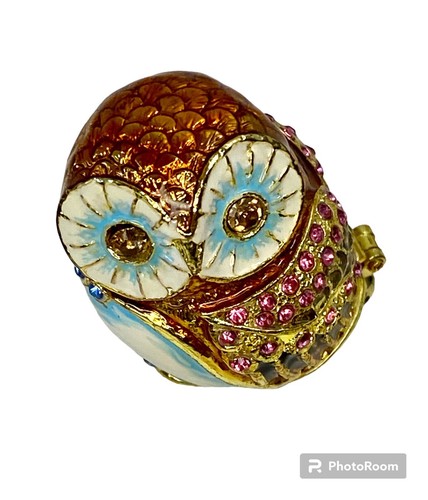 Owl Trinket Box Jeweled Enamel Paperweight 2" Keepsake Gold Tone Pink Magnet - Picture 2 of 5