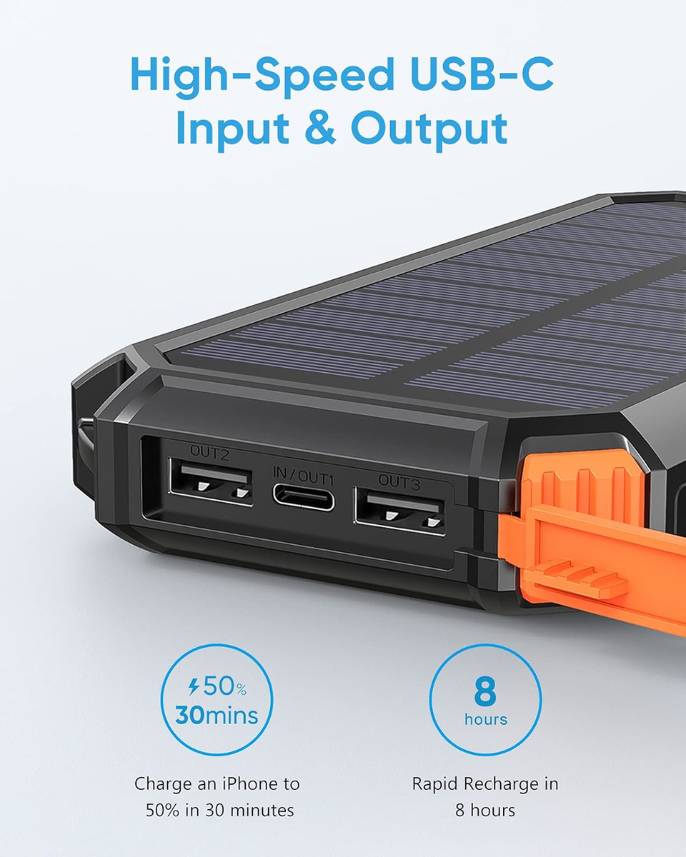 Riapow Solar Power Bank 26800mAh USB C Portable Solar Charger 3A