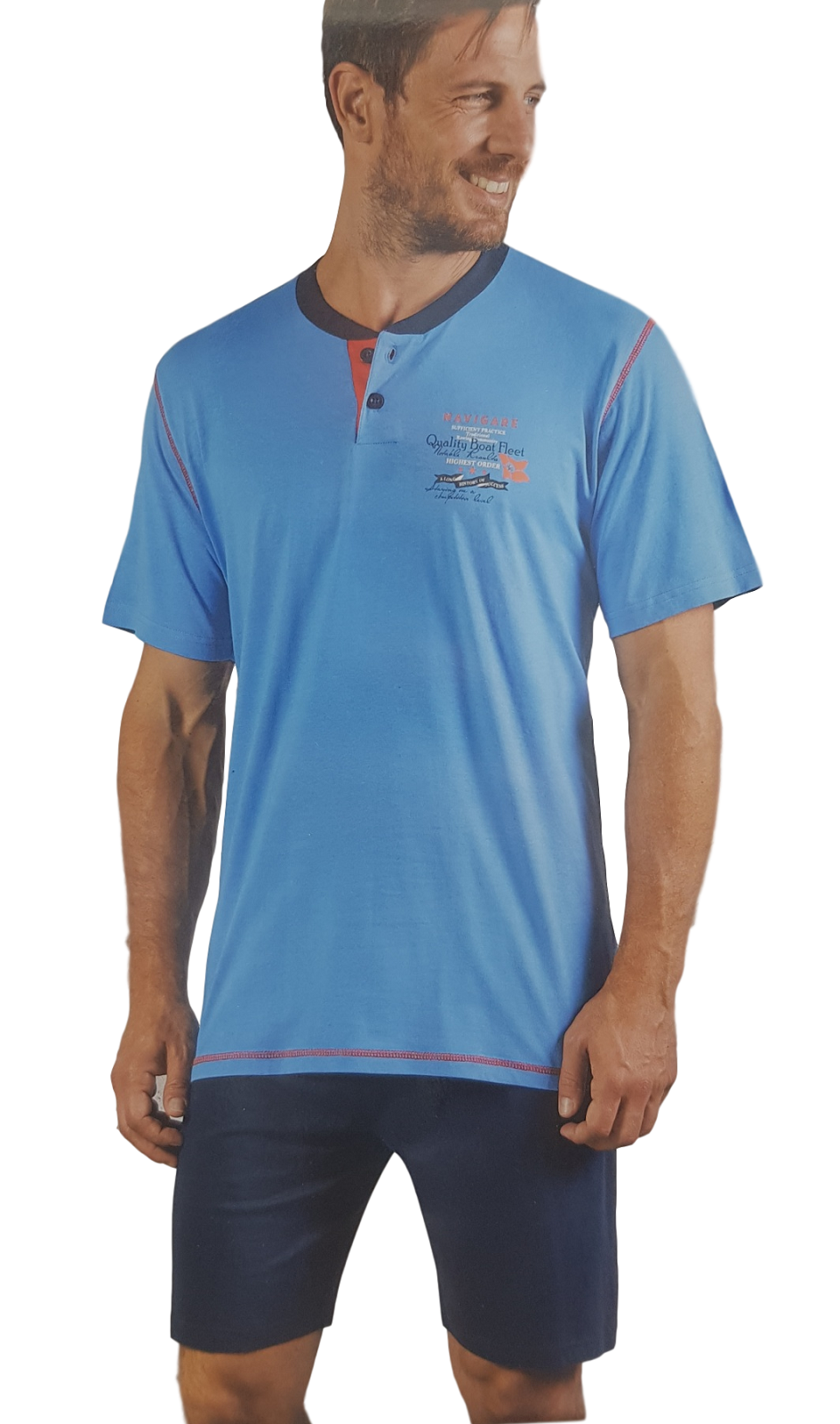 Pigiama Uomo 3 Pezzi Cotone - Mezza Manica Con Pantaloni Lunghi E Corti, Navigare Art. 141005T