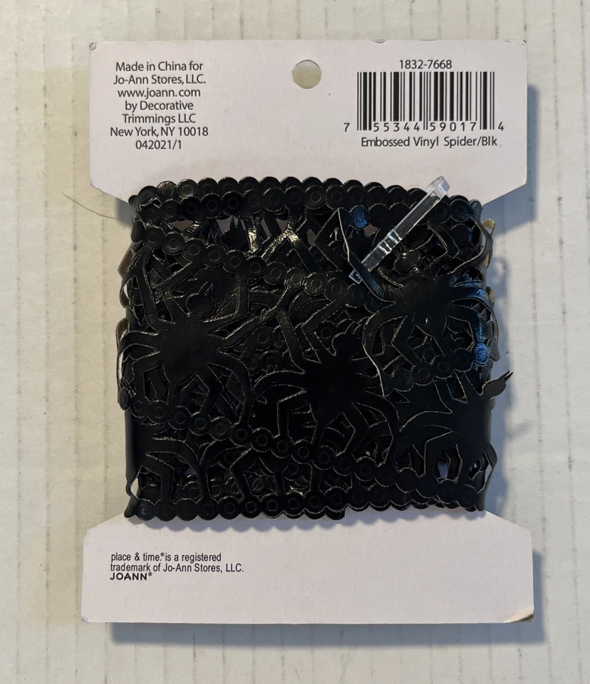 Embossed Vinyl Black Spider Halloween Trim 3 Yards- Place & Time- New - Image 3 of 4