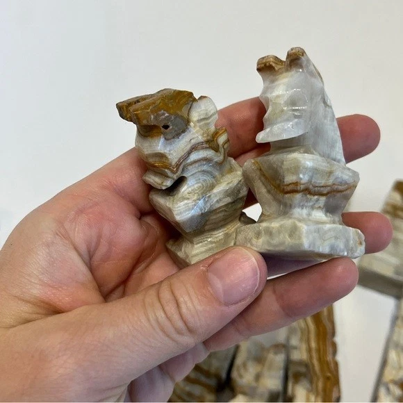 Vintage Mexican Aztec Stone Marble Chess Pieces 16 Set Complete Brown Grey White - Image 3 of 4