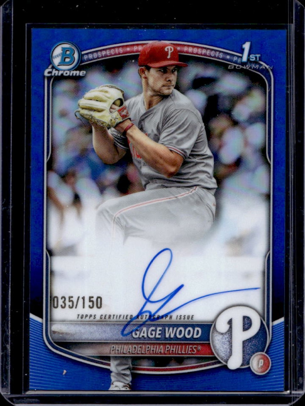 2025 Bowman Draft Gage Wood Chrome Auto Blue Refractor 1st #/150 Phillies