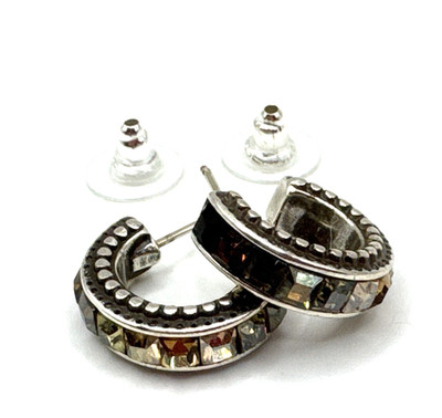 Brighton Spectrum Half Hoops Brown Beige Crystals Silver Authentic Post Earrings